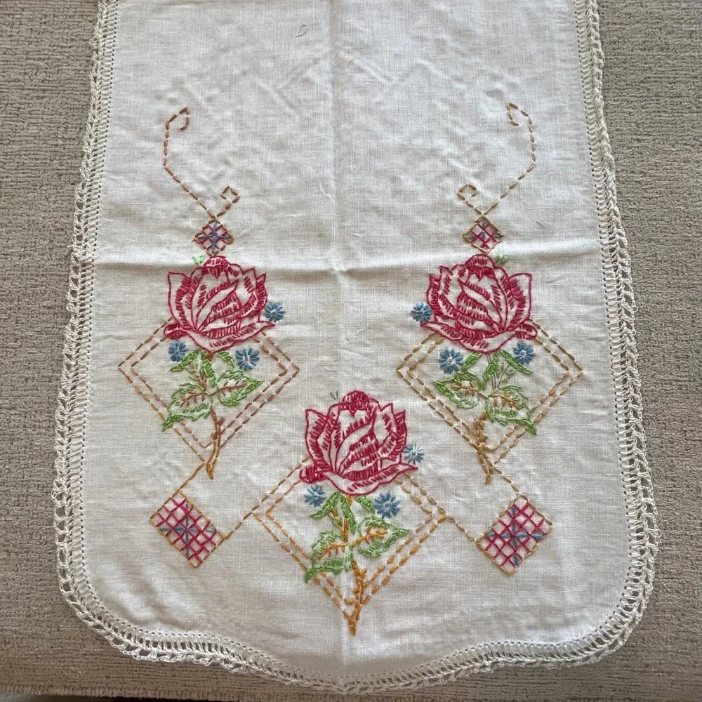 Vintage Hand Embroidered Rose Table Runner White Lace‎ Trim Floral 13x35